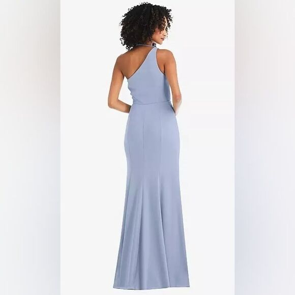 NWT After Six Mist Blue Crepe 1 shoulder cowl neck maxi dress size 6 - Picture 4 of 10